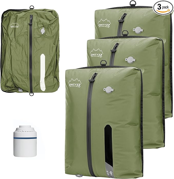 ONTYZZ Vacuum Bags for Travel, Reusable Vacuum Compression Bag, Recycled IPX8 Waterproof Space Saver Bag for Luggage/Camping/Home Storage (3 Pack with Air Pump-Green)