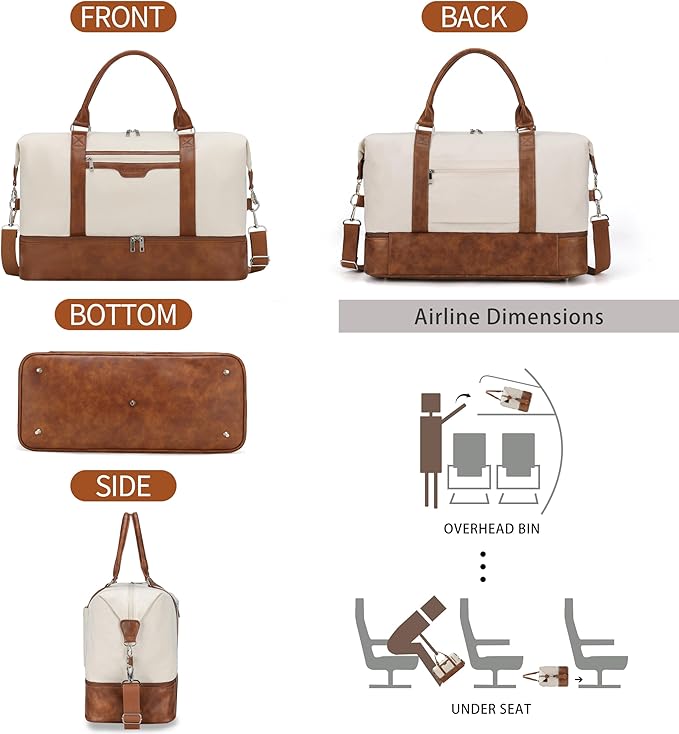 Oeihuivt Weekender Bags for Women - 21 Inch Large Travel Duffel Bag 2-Piece Set with Shoe Compartment, Heavy-Duty Canvas Leather Carry On Overnight Tote
