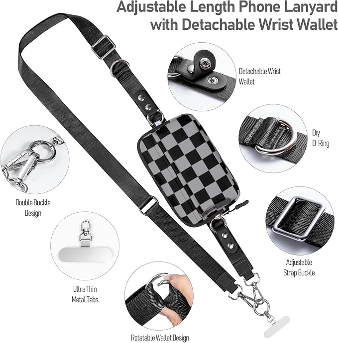 Tiostep Clip and Go Strap for Phone with Wallet Crossbody Phone Lanyard and Detachable Checkered Bag with ID Window and RFID Pouch for Daily Travel.
