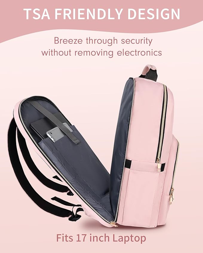 MATEIN Pink Laptop Backpack, 17 Inch TSA Approved Travel Carry On Backpack for Women, Large Work Compuer Bag with Charging Hole & Luggage Strap, Water Resistant Anti Theft College Nurse Bag