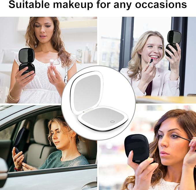 deweisn Compact Mirror, Lighted Travel Makeup Mirror with 1X/10X Magnifying Double Sided Dimmable Portable Pocket Mirror for Handbag, USB Charging(Black)