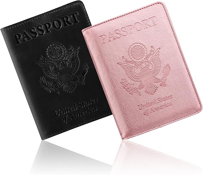 Ciana Passport Holder for Travel – PU Leather Passport Cover and Card Holder for Men & Women – Slim Passport Holder with Card Protector Slot, Travel Must Haves (Black & Pink)