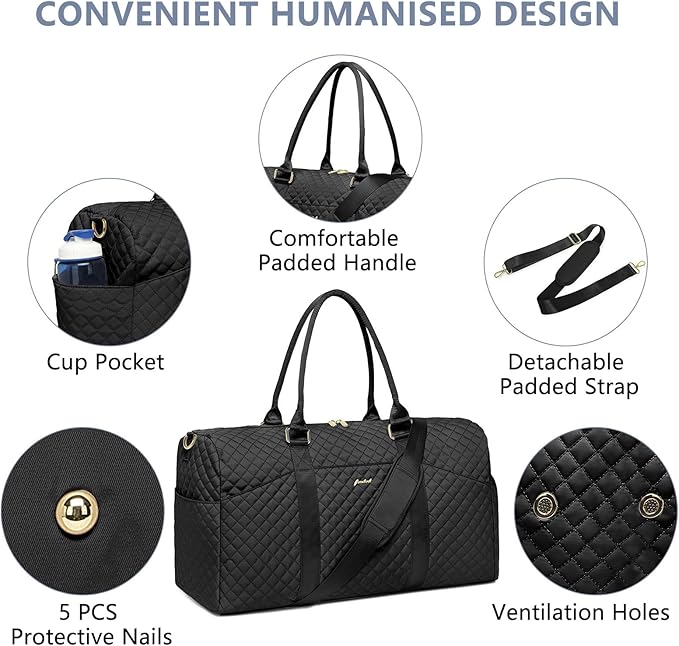 Women Weekender Travel Duffle Bag: Travel Duffel Overnight Bags with Shoe Compartment Large Carry on Tote with Toiletry Bag Weekend Traveling Yoga Gym Hospital Bag for Women with Wet Pocket Black