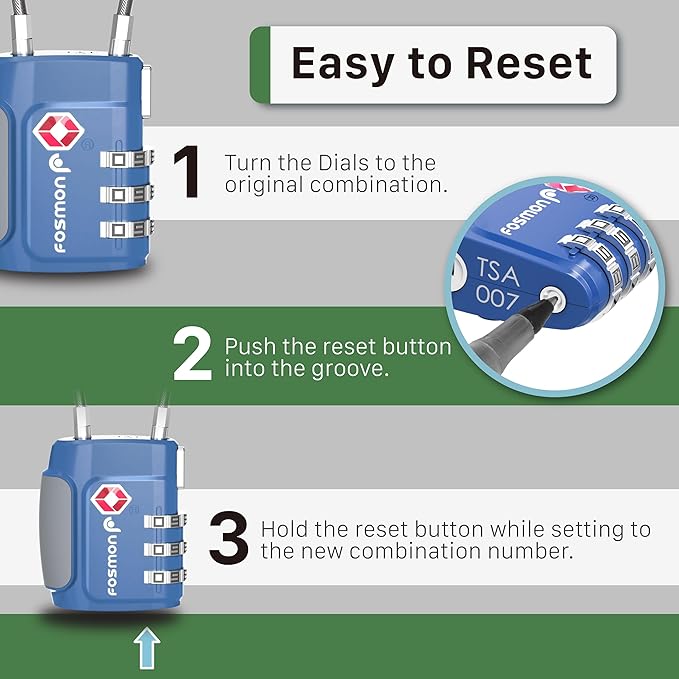 Fosmon TSA Approved Cable Locks for Luggage, Suitcase Locks with Push Release Button, 3 Digit Long Shackle Combo Wire Locks for Backpack, Gym Locker