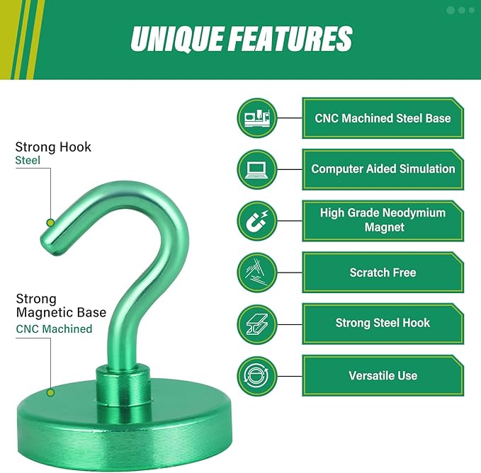 Neosmuk Magnetic Hooks Heavy Duty,Strong Magnet with Hook for Fridge, Super Neodymium Extra Strength Industrial Hooks for Hanging, Magnetic Hanger for Toolbox, Cruise, Grill(Green,6 Pack)