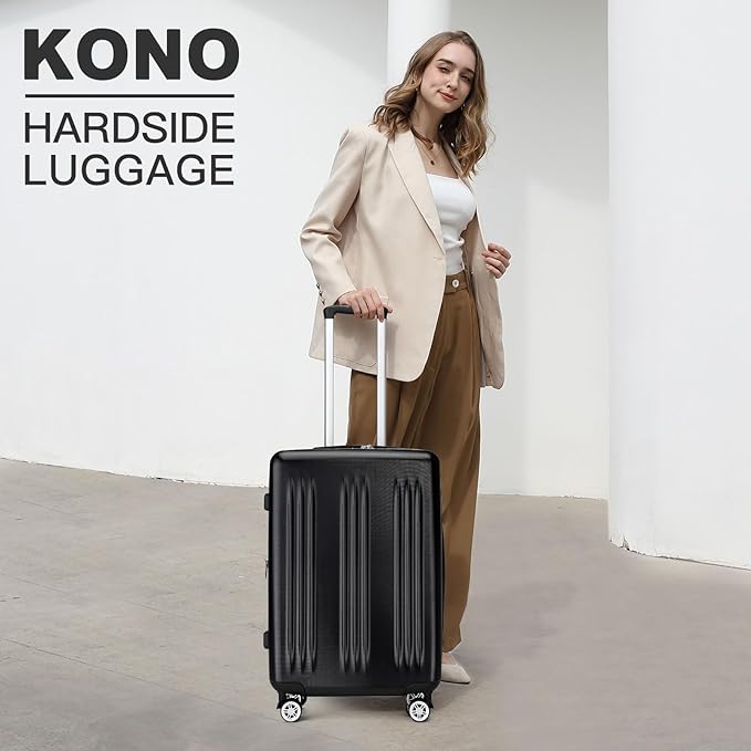 Kono Lightweight 24 Inch Expandable Luggage with Quiet Spinner Wheels TSA Lock, Scratch and Drop Resistant PC+ABS Hardside Durable Medium Checked Suitcase, Black