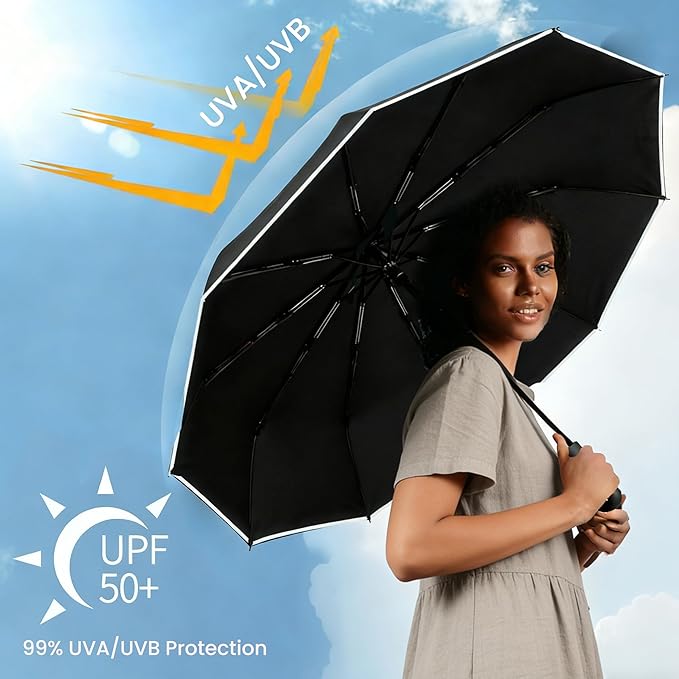 SIEPASA Travel Umbrella with Carabiner Handle - Windproof 10 Ribs Auto Open/Close for Rain & Sun Protection, Compact Portable Clip-on Backpack Design with Safety Reflective Strip.