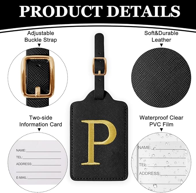 Personalized Initial Luggage Tags for Suitcases,Leather Letter Cute Luggage Tags with Privacy Name Card,Embroidered Monogrammed Travel Bag Backpack Tag Gifts for Women Kids Girls Teens(Black-P)