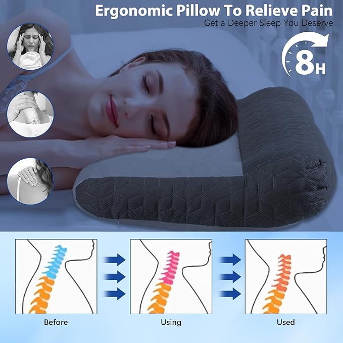 Ergonomic Pillow,Neck Pillow Cervical Pillow for Neck Strain Relief, Neck Pillow for Sleeping,Cervical Contour Neck Support Pillows for Side Back Stomach Sleeper (Grey)
