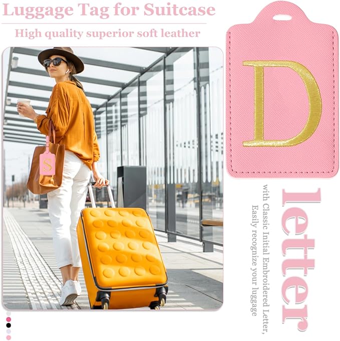 Personalized Initial Luggage Tags for Suitcases,Leather Letter Cute Luggage Tags with Privacy Name Card,Embroidered Monogrammed Travel Bag Backpack Tag Gifts for Women Kids Girls Teens(Pink-D)