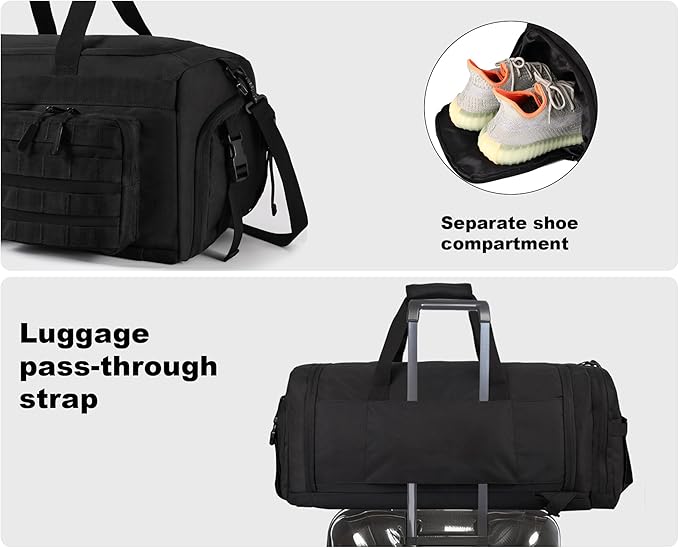 LHI 50L Tactical Duffle Bag for Men, 3-in-1 Gym Duffle and Backpack, Shoe Compartment, Laptop Sleeve and MOLLE, Carry-On Travel Weekender and Overnight Bag – Black