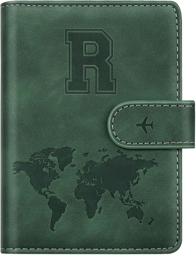 Personalized R Passport Holder Cover Initial Letter Travel Wallet RFID Blocking Passport Cover Credit Card Holder Case Passport Book Holders for Women and Men, Pine Green-R