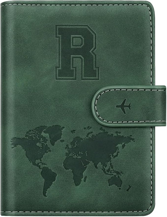 Personalized R Passport Holder Cover Initial Letter Travel Wallet RFID Blocking Passport Cover Credit Card Holder Case Passport Book Holders for Women and Men, Pine Green-R