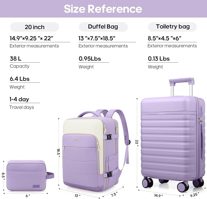 UKEIN Luggage Sets 3 Piece, Carry On Luggage 20In With Spinner Wheels,PC Hardside Suitcase Set with TSA Lock,Durable Carry On Suitcase With Travel Backpack for Men (Violet, 3 piece set (BP/20inch))