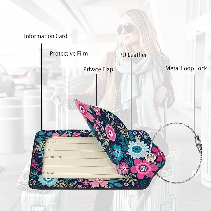2 Pack Flower Pink Floral Luggage Tags Travel PU Cute Leather Luggage Tag Name ID Labels with Privacy Cover Suitcases Women Men Girls Boys Fun Laggage Tags (Beautiful Flower)