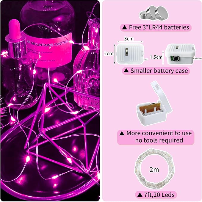 12 Pack Pink Fairy Lights Battery Operated, 7ft 20 LED Mini String Twinkle Lights for Christmas Halloween Party Valentine's Day Mason Jars Centerpiece Table Decorations (12, Pink)