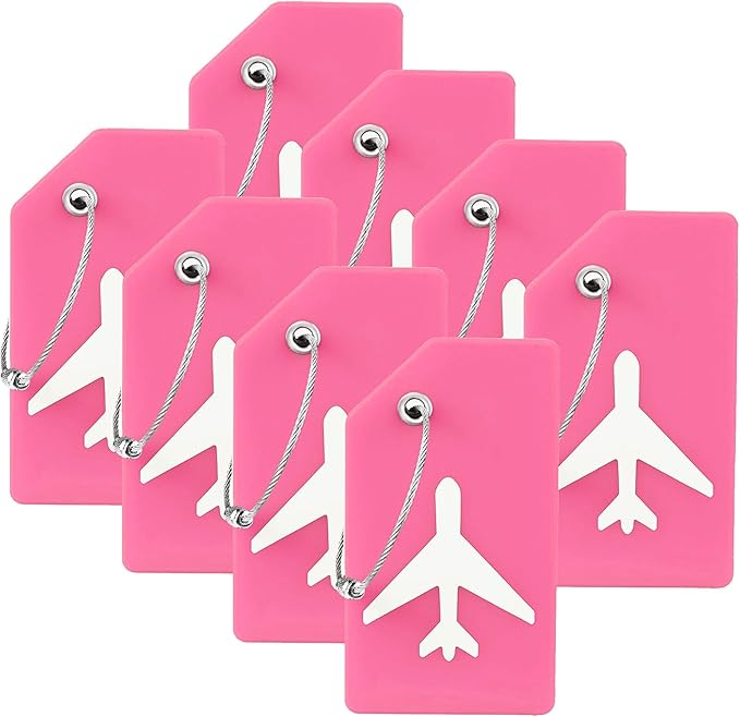 8 Pack Silicone Luggage Tag for Suitcases with Stainless Loop, TSA Approved, Privacy Protection Travel Essentials Bag Tags by Gostwo, Pink
