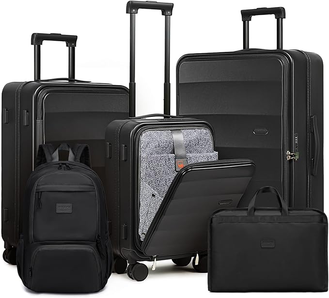 Joyway Luggage Set 5 Piece Top Opening Suitcase Set with Spinner Wheel and TSA Lock, PC Hard Shell Carry on Luggage with Front Pocket, Suitcase with Backpack and Foldable Storage Bag(Black)