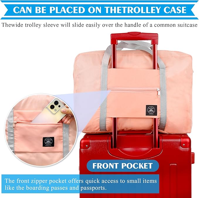 Foldable Travel Duffel Bag 2PCS Tote Carry on Luggage Bag Spirit Airlines Personal item Sports Gym Bag Water Resistant Weekender Overnight Bags for Women and Men (Pink+Red)