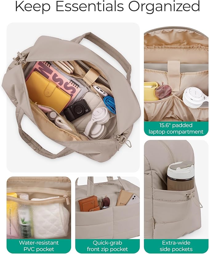 BAGSMART Gym Bag for Women, Lightweight Puffer Duffle Bag 2-PC Travel Bag, 31L Weekender Overnight Bag Quilted Carry On Tote Bag, Diaper Hospital Dance bag for Travel, Gym, Water Resistant, Camel