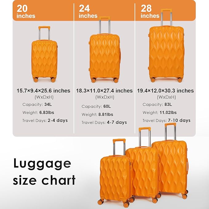 luggage sets 3 piece, 3 piece luggage sets with spinner wheels Hardside Lightweight Luggage 20in 24in 28in. (orange)