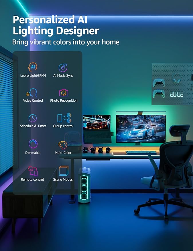 Lepro SE1 AI Smart LED Strip Lights 49.2FT RGB WiFi Bluetooth Lights | AI Generated Lighting Effects,APP Control,Custom Color Scenes,Music Sync,Bedroom,Room,Gaming