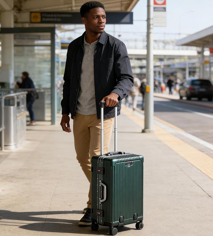 feilario Aluminium Frame PC Hard Shell Spinner Wheels Luggage,20.8"X15"X8.7 Airline Approved Built-In TSA lock Carry on Suitcase, with Cup Holder, USB Port, Phone Holder