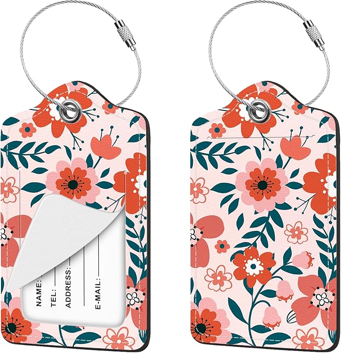 2 Pcs Luggage Tag for Suitcases, Floral Flowers Cute PU Leather Suitcase Tag Privacy Cover ID Label with Metal Loop, Personalized Baggage Identifier for Women Cruise Bag Travel Essentials