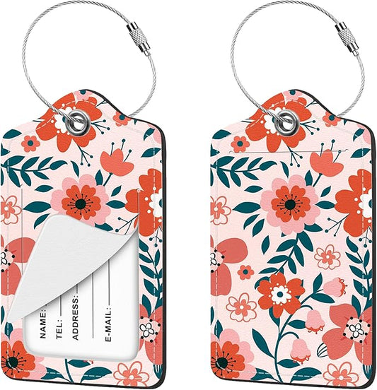 2 Pcs Luggage Tag for Suitcases, Floral Flowers Cute PU Leather Suitcase Tag Privacy Cover ID Label with Metal Loop, Personalized Baggage Identifier for Women Cruise Bag Travel Essentials