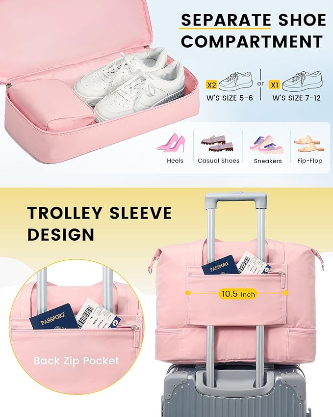 Vorspack Duffle Bag for Travel - 30L Gym Bag for Women Men Personal Item Travel Bag with Shoe Pocket Toiletry Bag Lightweight Carry On Bag for Weekender Overnight Sports - Pink