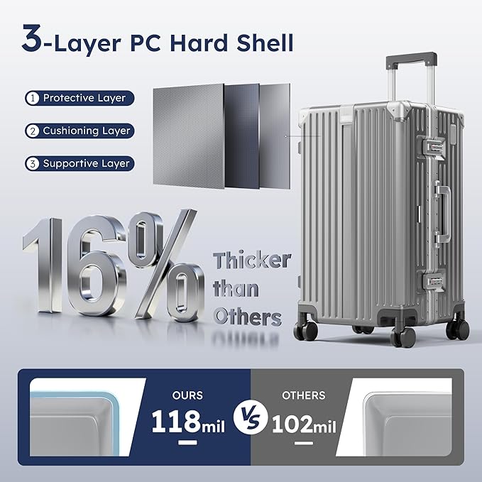 ALPHA CAMP Trunk Luggage, Large 24 Inch Thickened Aluminum Frame Luggage with TSA Spinner Wheels, 3-Layer PC Hardside Zipperless Travel Suitcase, Type-C USB Charging Port, Grey