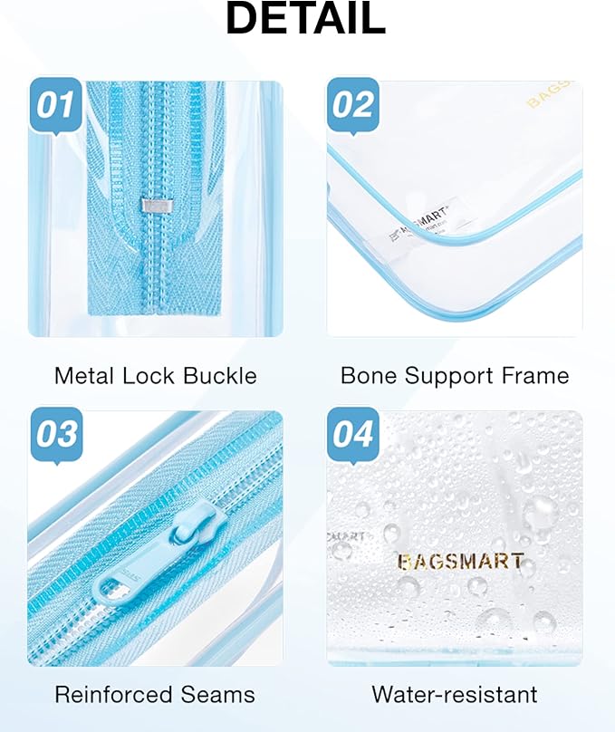 BAGSMART Clear Toiletry Bag, 3 Pack TSA Approved Travel Toiletry bag Carry on Travel Accessories Bag Airport Airline Quart Size Bags Water Repellent Makeup Cosmetic Bag for Women (Blue-3pcs)