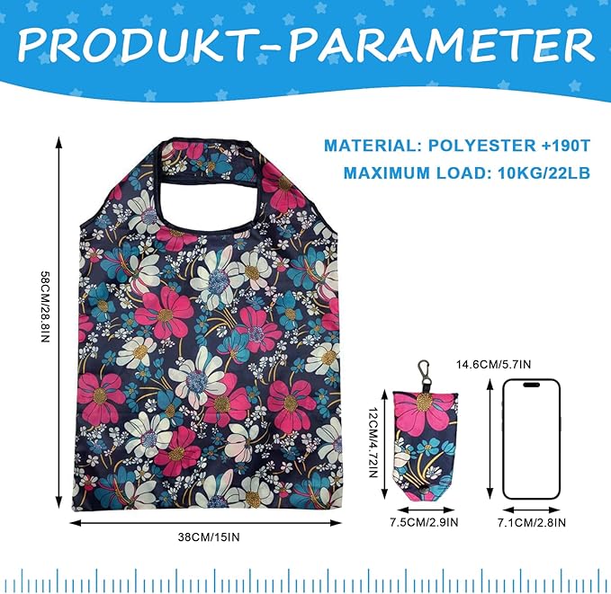 6 Pcs Reusable Shopping Bags Foldable, Machine Washable Shopping Grocery Bags in Pocket , Eco-Friendly Travel Recycle Shopping Bags, Waterproof Pouch Tote Bags for Daily Shopping Supplies load