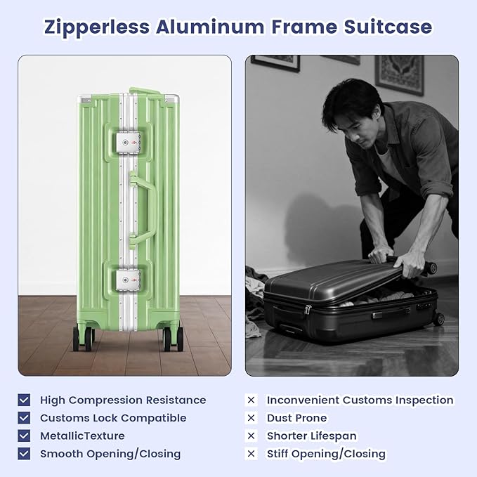 Zipperless Suitcase, 28 Inch Checked Luggage, Hardshell Aluminum Frame Polycarbonate Luggage with Phone Holder, Cup Holder, Charging Port, TSA Lock, Spinner Wheels for Vacations, Fruit Green