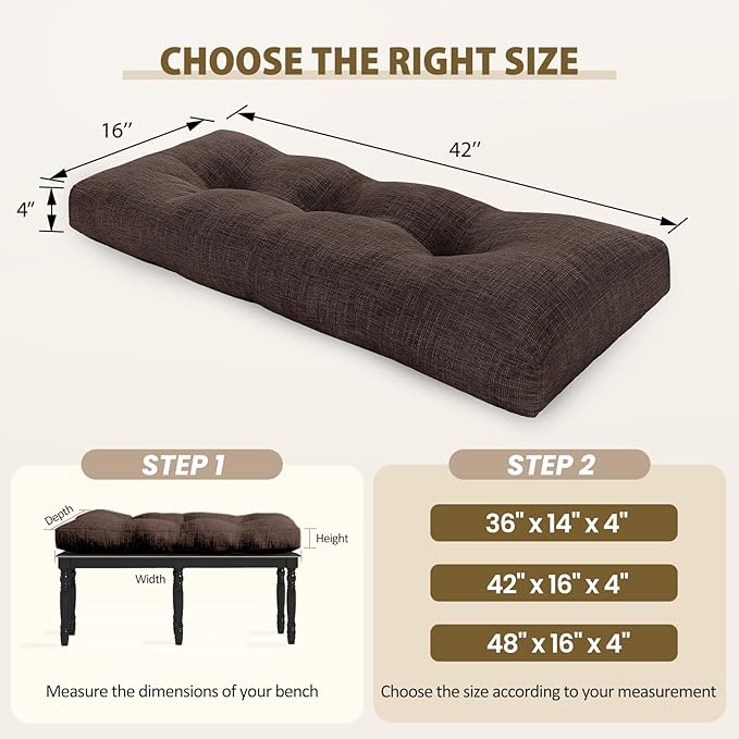 downluxe Indoor Bench Cushion for Indoor Furniture, Non-Slip Tufted Overstuffed Textured Foam Bench Seat Cushion, 42" X 16" X 4", Brown, 1 Pack