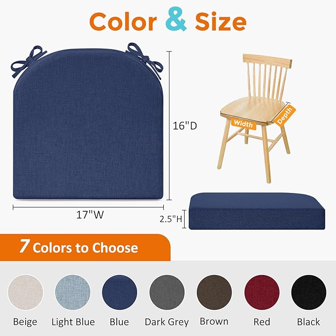 downluxe Chair Cushions for Dining Chairs, Memory Foam Linen Kitchen Chair Pads with Ties, Waterproof, Stain-Resistant and Washable Cover, 17" x 16" x 2.5", Blue, 4 Pack