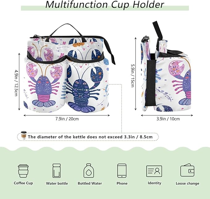 Blue Lobster and Seaweeds Luggage Cup Holder Travel Portable Free Hand Drink Carrier Suitcase Drinks Beverage Holder Carry-On Bottle Mug Holder Organizer Bag Travelers Accessories
