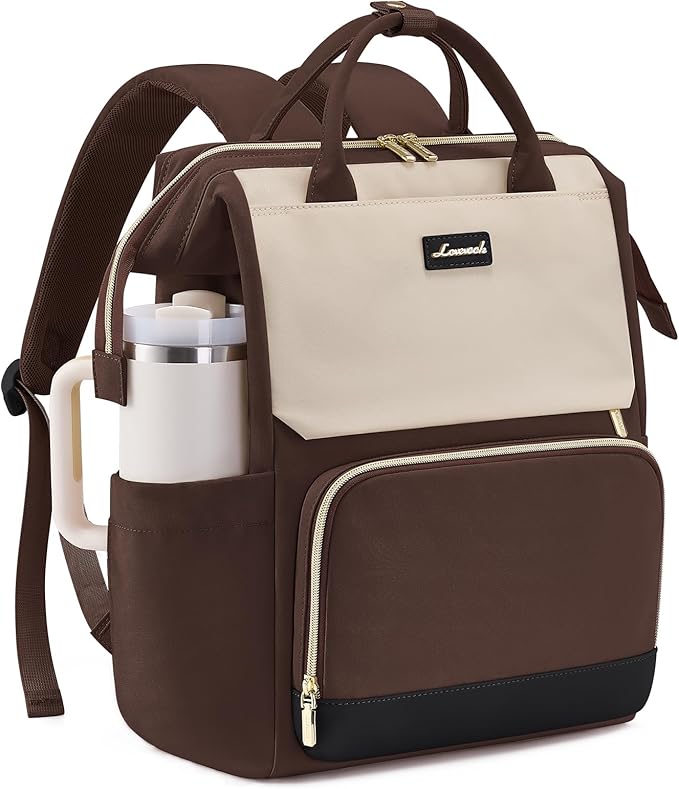 LOVEVOOK Laptop Backpack for Women with Giant Tumbler Holder Pocket, 15.6 inch Travel Work Backpack Purse for Nurse Teacher, Waterproof School Bag College Bookbag Cute Casual Daypack for Girls Brown