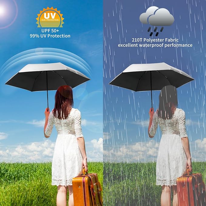 GAOYAING Mini Compact Travel Umbrella with Reflective Safety Stripes, Portable Folding Design with Case