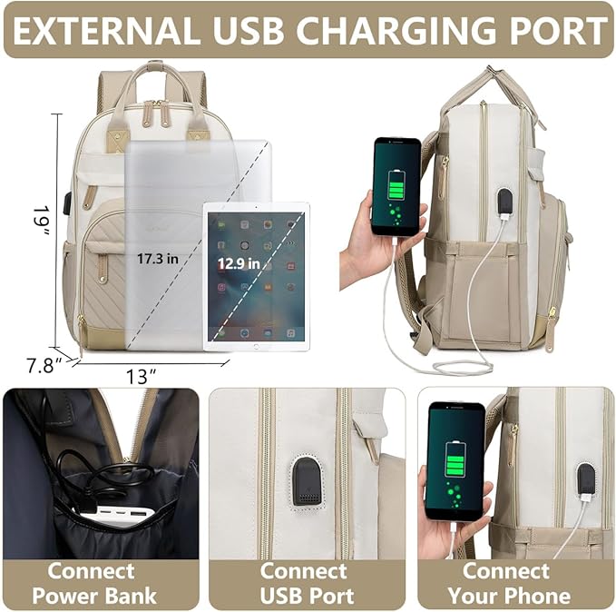 Backpack for Women Laptop Bag: Work Travel Backpacks Fits 17 inch Computer Waterproof College Bookbag with USB Charger Anti-theft Business Casual Backpack Purse for Nurse Teacher Beige Khaki