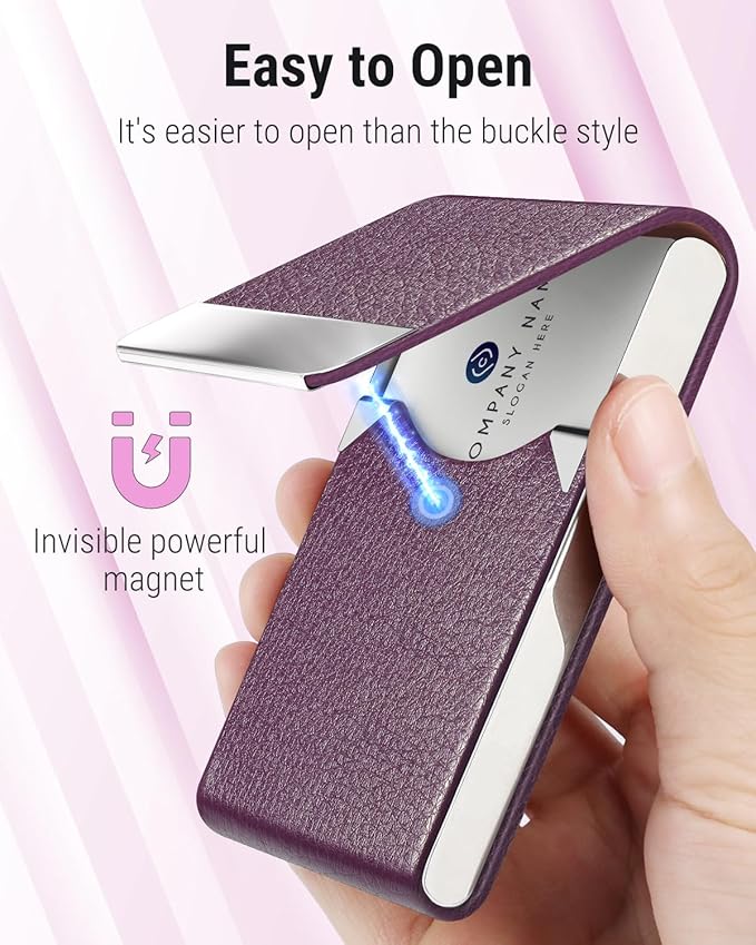 MaxGear Business Card Holder, Slim PU Leather & Stainless Steel Business Card Case for Men & Women, RFID Blocking Name Card Holder with Magnetic Closure, Purple