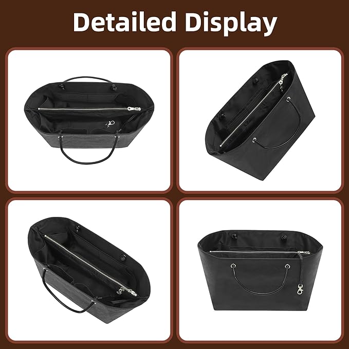 Doxo 2025 DupontPaper Purse Organizer Insert for Longchamp LePliage Large,Fixed Handle, Bag Shaper with Key Leash& 16 Compartments, Upgraded Elastic Cup Holder(Full Black,L)