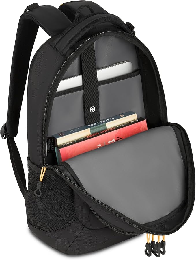 SWISSGEAR Cecil 18-Inch Laptop Backpack Fits 16-Inch Laptop, Travel Daypack with Organizer Pockets, Water Bottle Holders & Padded Straps – Black/Gold