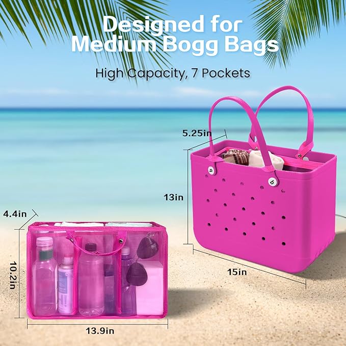 XYFuuee Beach Bag Organizer Inserts for Medium Bogg Bag Accessories, Original Small Lightweight Mesh Insert Divider Pouch, Organizing Rubber Tote Bags, Save Storage Space (Hot Pink-M)