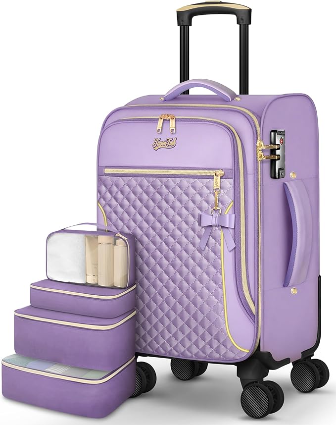 Carry On Luggage 22x14x9 Airline Approved, 20 Inch Softside Suitcase with 4 Pcs, Lightweight Luggage for Women with TSA Lock and 4 Spinner Wheels, Soft Side Carry-on Suitcases for Travel, Purple