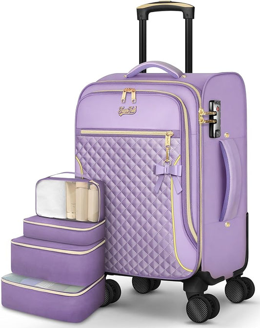 Carry On Luggage 22x14x9 Airline Approved, 20 Inch Softside Suitcase with 4 Pcs, Lightweight Luggage for Women with TSA Lock and 4 Spinner Wheels, Soft Side Carry-on Suitcases for Travel, Purple