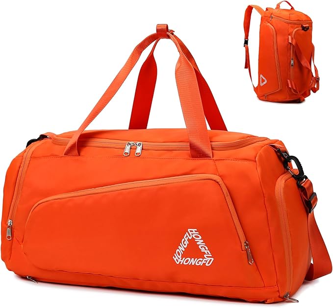 Eslcorri Gym Duffle Bag for Women Men, Sports Backpack with Wet & Shoe Compartment, Fitness Overnight Weekender Bag for Yoga, Swim, Travel (C, Orange)