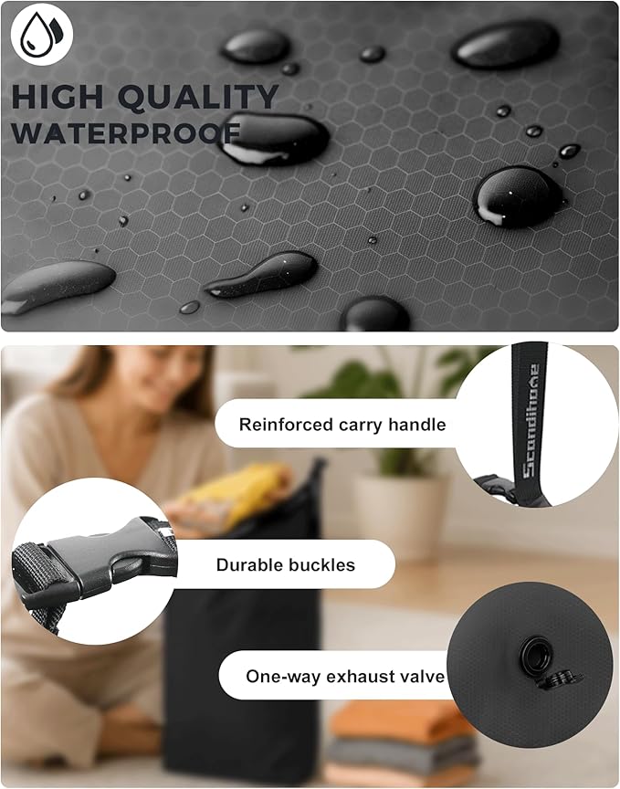 Travel Laundry Bag, Pump-free Vacuum Compression Dirty Clothes Bag, Large Reusable Waterproof & Washable Laundry Bag, Wet and Dry Bag, Ideal for Suitcases, Cruise Essentials (1 Pack) Black