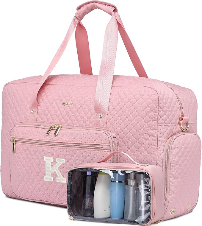 Initial Travel Duffle Bags for Women - Personalized Weekender Bag with Shoe Compartment Overnight Bags with Toiletry Bag Hospital Bag for Women Birthday Gifts for Mom Wife Friends Pink (Letter K)