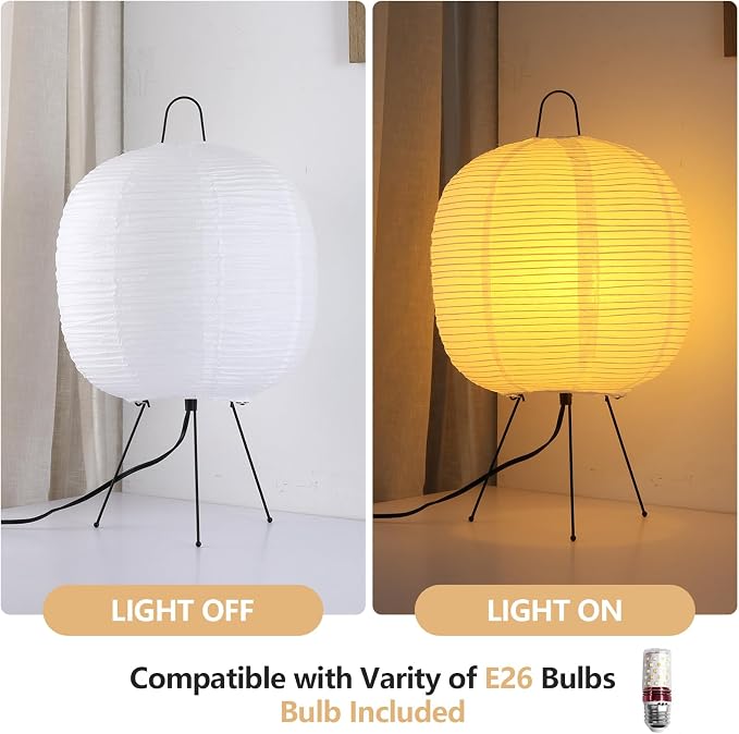 Rice Paper Lamp, Japanese Lantern Lamp for Wabi-Sabi Decor | 3 Color Temperature Bulb Included, Noguchi Paper Table Lamp for Bedroom, Living Room and Beisde, Cozy Ambiance